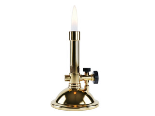 Brass bunsen burner with white flame isolated on transparent background