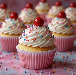Cupcakes with frosting and cherries on pink background ready for celebration or party decorations assorted colors
