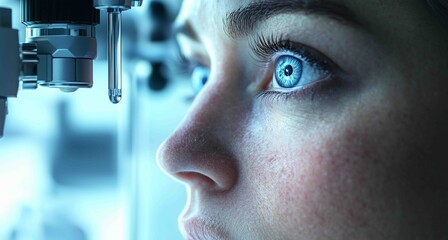 Examining eyesight in a modern optometry office with advanced equipment for eye tests and vision assessments