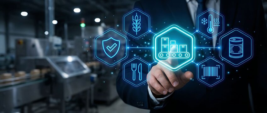 Businessman interacting with futuristic industrial icons in factory setting - Powered by Adobe