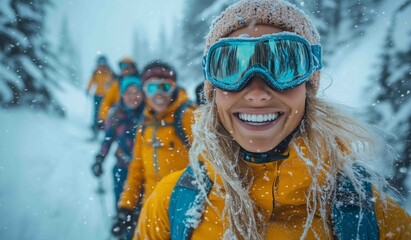 Group of people enjoying a winter hike in snowy mountains while wearing bright jackets and goggles during a snowy day