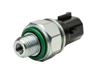 Close up of a silver and green automotive pressure sensor isolated on transparent background