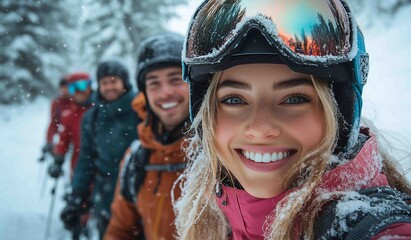 Group of friends enjoying a snow day while skiing at a winter resort in the mountains during daytime with snowy scenery