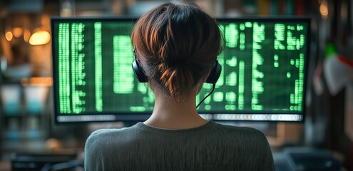 Woman wearing headphones looks at green code on computer screen in modern workspace at night in urban setting