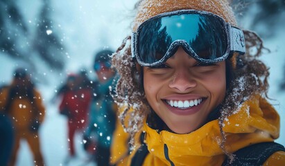 Smiling woman in yellow jacket and ski goggles enjoying snow on mountain during winter outdoor activity with friends