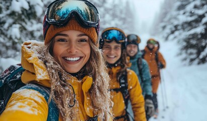 Group of friends smiling while skiing in snowy landscape during winter vacation in forested mountains