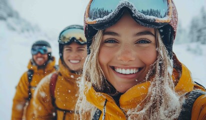 Group of friends enjoying a winter day in the snow while skiing or snowboarding in a mountainous area with snow-covered trees