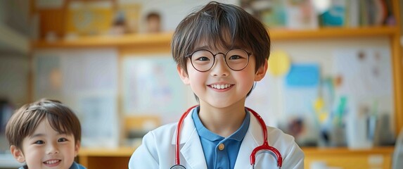 Children enjoying playtime as they role play as doctors in a bright indoor space with learning materials around