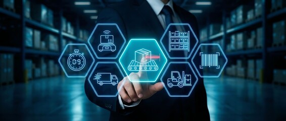Businessman interacting with futuristic logistics management interface in warehouse