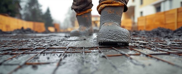 Construction worker walking on wet concrete with rubber boots at a building site during daytime