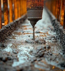 Construction site with concrete pouring process at a building location in the morning hours