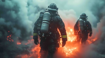 Firefighters walk through smoke and flames while responding to an emergency situation in a city setting during nighttime
