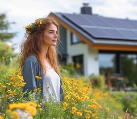 Woman with flower crown stands in yellow flowers near modern house with solar panels on sunny day