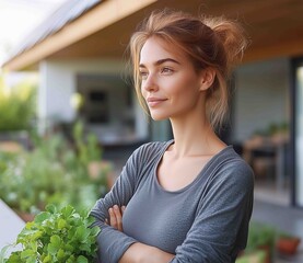 Young woman standing confidently outdoors with fresh herbs in hands during sunny day in garden setting
