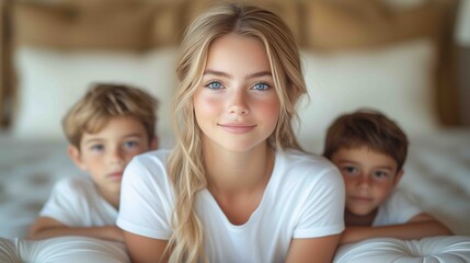 Sibling bonding at home with kids smiling and relaxing on the bed in a cozy setting during the day