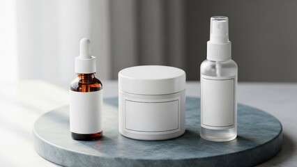Minimalist presentation of diverse cosmetic product bottles with blank white labels, perfect for showcasing custom branding, skincare formulations, or beauty line concepts