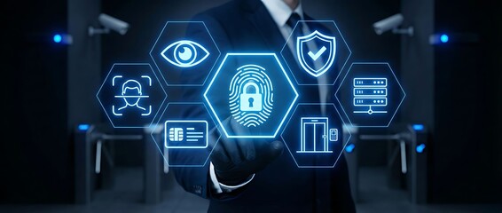 Businessman interacting with digital security icons in modern office