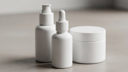 Collection of pristine white unbranded cosmetic bottles and jar for skincare product mockups, representing minimalist beauty and clean design concept