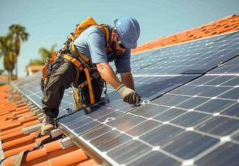Solar panel installation on residential roof by worker in sunny location during daytime