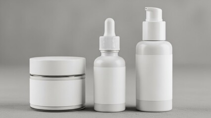 Elegantly arranged blank white cosmetic product packaging, featuring a pump bottle, a serum dropper, and a cream jar, ideal for showcasing beauty brand designs and skincare mockups