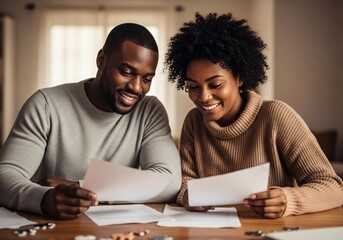 Obraz premium Happy couple reviewing documents together at home