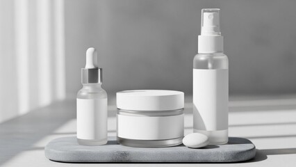 Elegant display of customizable skincare and beauty product packaging for modern branding mockups, set on a sleek pedestal with dramatic natural light and shadow play