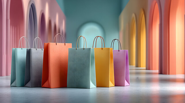 3D rendering of colorful shopping bags on a blurred background