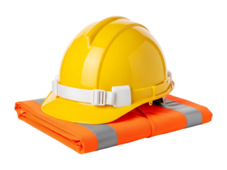 Yellow hard hat and safety vest for construction work Png transparent