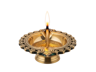 Traditional Brass Diya Lamp with a Lit Flame
