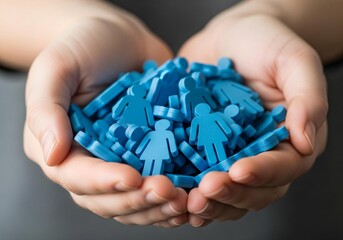 Hands holding diverse group of blue people figures
