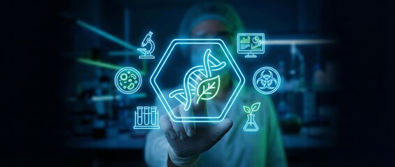 Scientist interacting with biotechnology interface in laboratory setting
