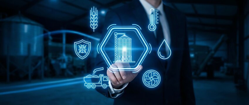 Businessman presenting innovative grain storage solutions with digital icons - Powered by Adobe