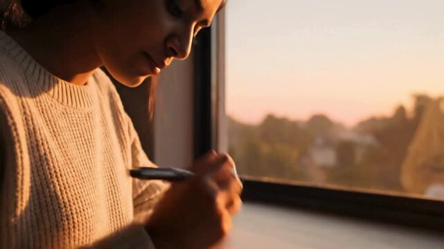 Close up of a young woman writing thoughtfully in a journal with a pen while seated near a large window bathed in warm sunset light.