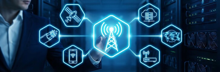 Businessman interacting with futuristic network technology interface in server room