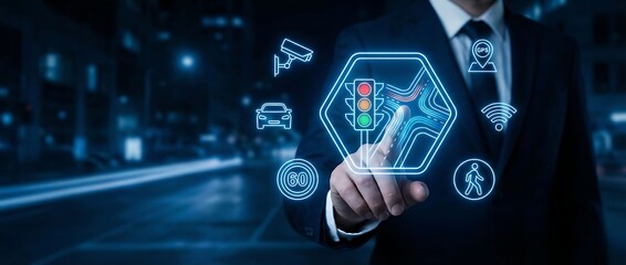 Businessman interacting with smart city technology interface at night