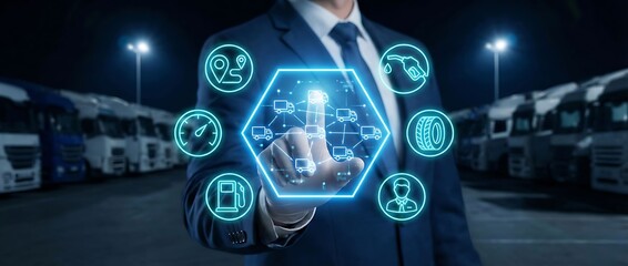 Businessman interacting with logistics and transportation technology interface