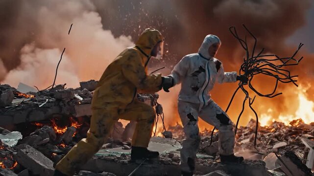 Two People in Protective Suits Amidst Fire and Destruction.