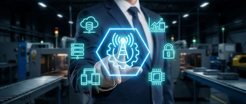 Businessman interacting with futuristic technology interface in industrial setting - Powered by Adobe