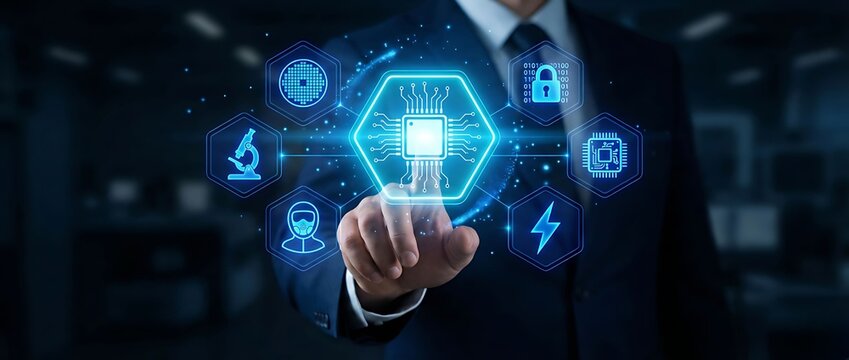 Businessman interacting with futuristic technology interface in modern office - Powered by Adobe