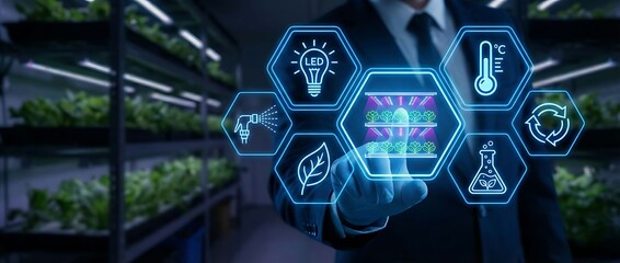 Businessman interacting with futuristic vertical farm technology interface