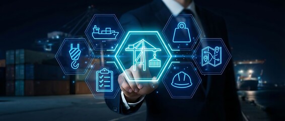 Businessman interacting with logistics and transportation technology interface