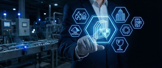 Businessman interacting with futuristic industrial interface in modern factory setting