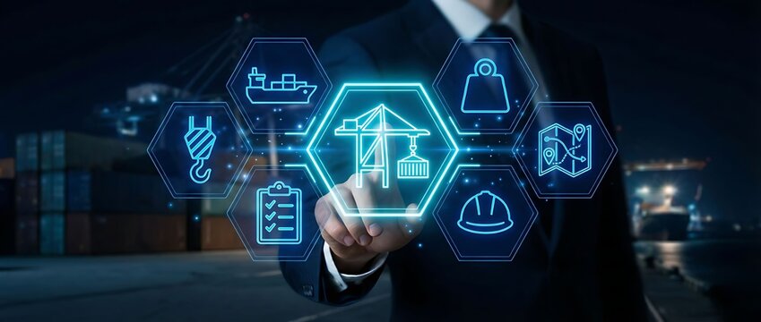 Businessman interacting with logistics and transportation technology interface - Powered by Adobe