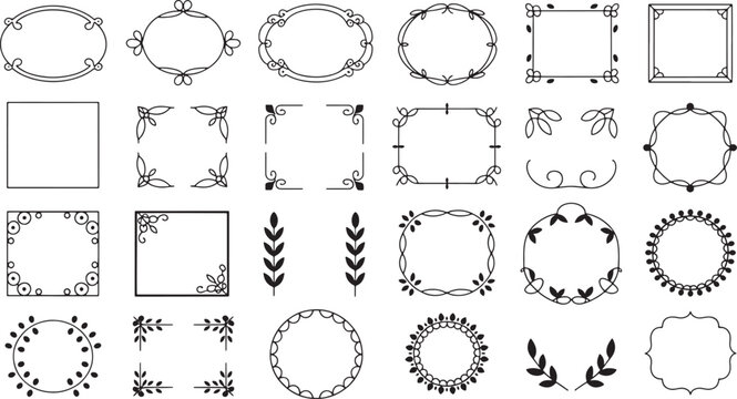 Set of decorative floral frames and borders elegant rectangle and oval elements
