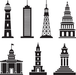 Obraz premium Set of Silhouettes of Various Famous Architectural Buildings Landmarks and Towers