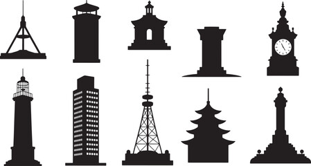 Fototapeta premium Silhouettes of various tower collection isolated on transparent background design