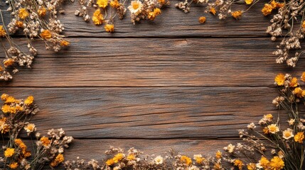 Dried flowers frame on rustic wood; autumn background, design