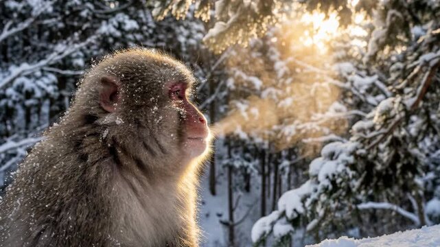Japanese Macaque Monkey Sitting in Snow Covered Forest During Golden Hour With Sun Rays Shining Through Trees