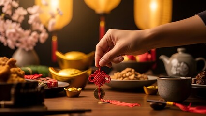 Hand holding red decoration for Chinese New Year.