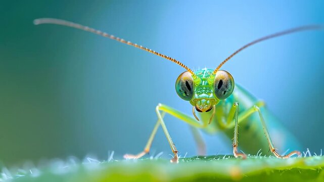 Close-up of a green insect with prominent eyes and antennae, on a green surface